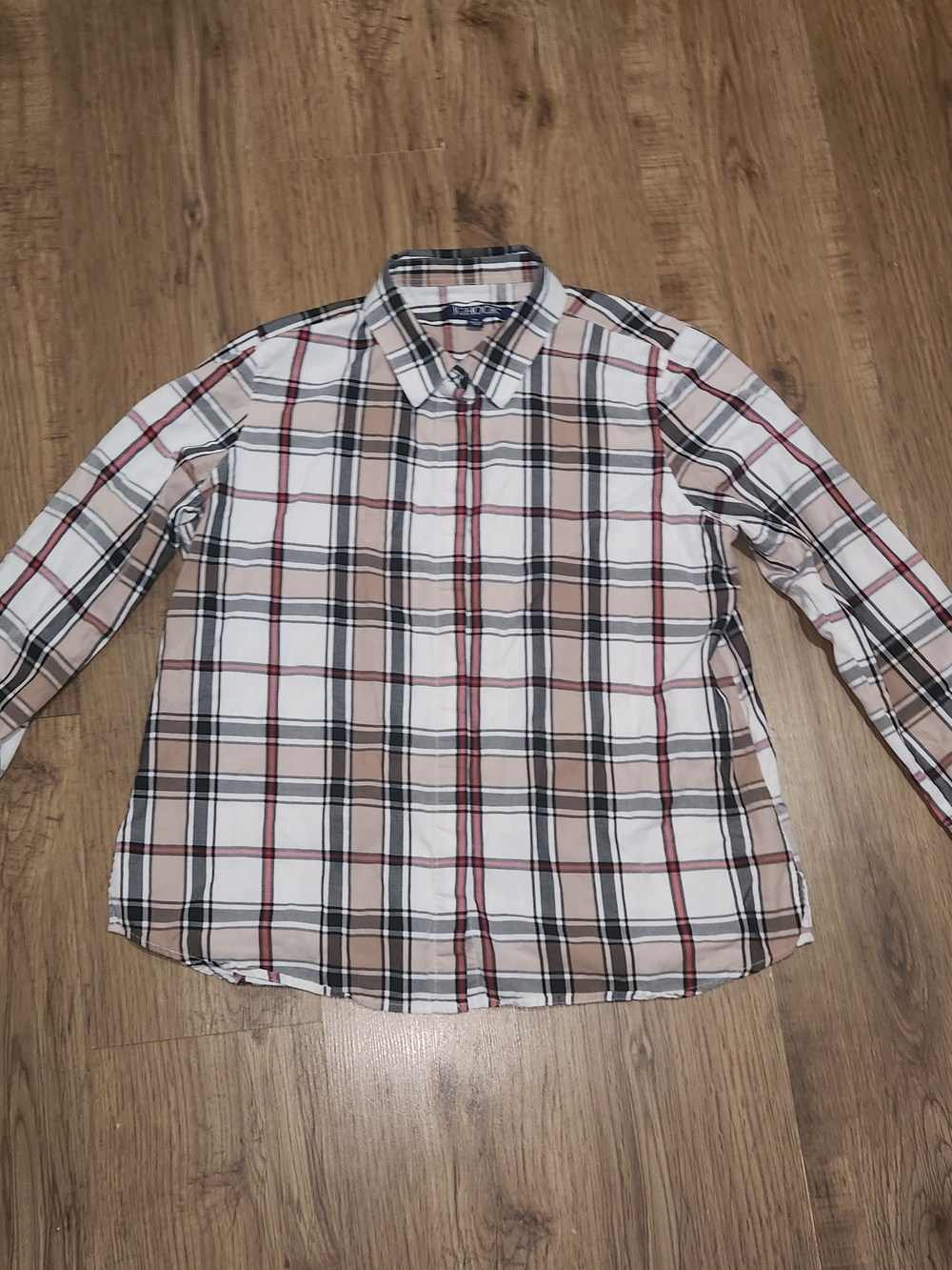 Plaid Button-Down Shirt in White, Tan & Black — Women's